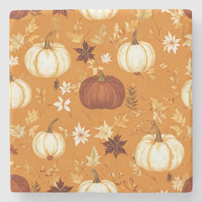 Brown Pumpkin Floral Autumn and Fall Pattern Stone Coaster (Front)