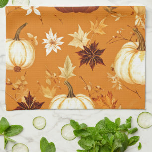 Brown Pumpkin Floral Autumn and Fall Pattern Tea Towel
