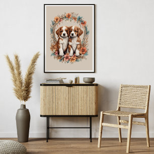Brown Puppies And Orange Flowers Poster