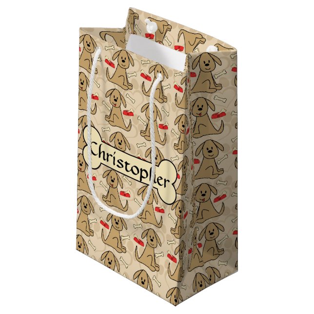 Brown Puppy Dog Graphic Design Personalise Small Gift Bag (Front Angled)