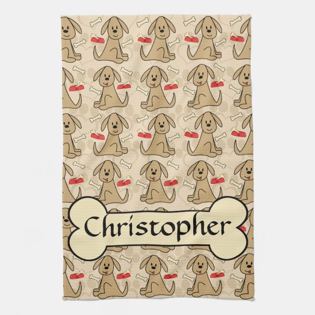 Brown Puppy Dog Graphic Design Personalise Tea Towel (Vertical)