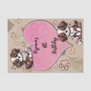 Brown Puppy Dog Pink Paw & Heart Birthday Party Tissue Paper