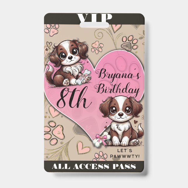 Brown Puppy Dog Pink Paw & Heart Birthday VIP Pass ID Badge (Front)