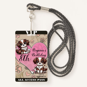 Brown Puppy Dog Pink Paw & Heart Birthday VIP Pass ID Badge