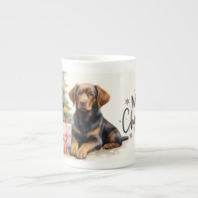 Brown Puppy Merry Christmas  Bone China Mug (Front)
