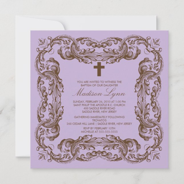 Brown & Purple Vintage Frame Baptism Invitation (Front)