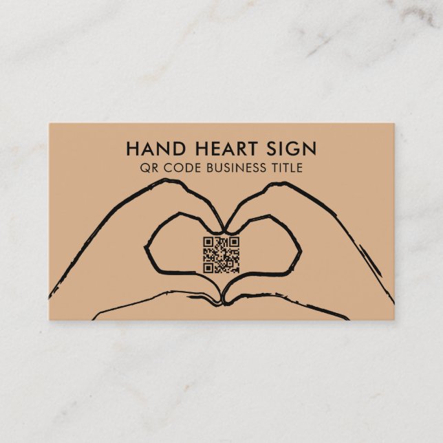Brown QR Code Hand Heart Love Modern Business Card (Front)