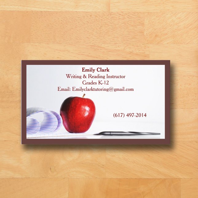 Brown QR Code School Teacher Red Apple   Business Card (Brown Business Card for Teacher )