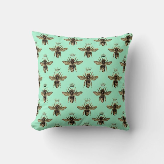 Brown Queen Bees on Mint Green Cushion (Front)