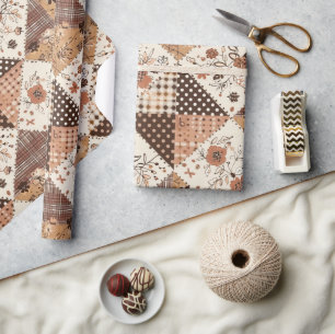 Brown Quilt Earthy Gingham Cottagecore Floral Wrapping Paper