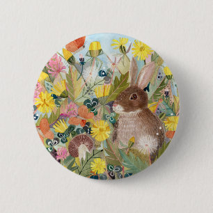 Brown Rabbit and Dandelions Button