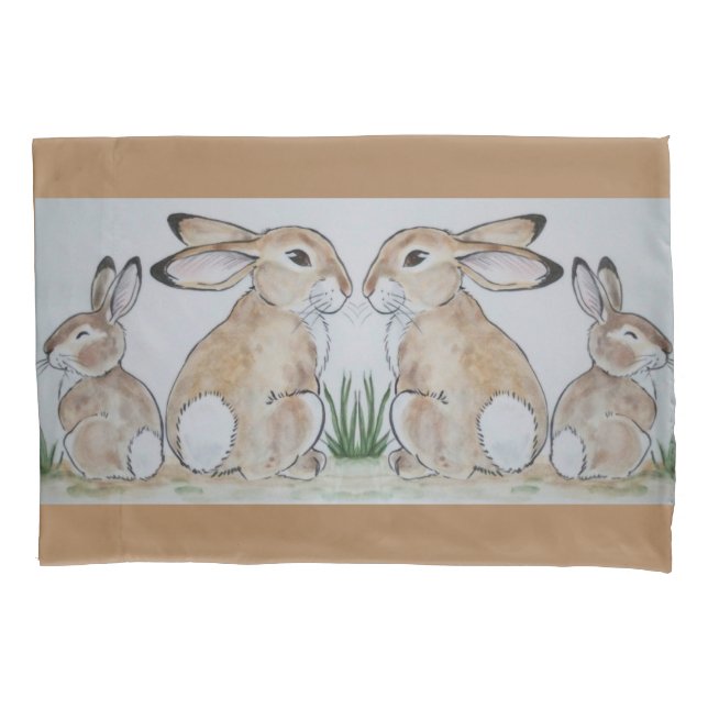 Brown Rabbit Bunny Mum & Baby Tan Animal Pillowcase (Front)