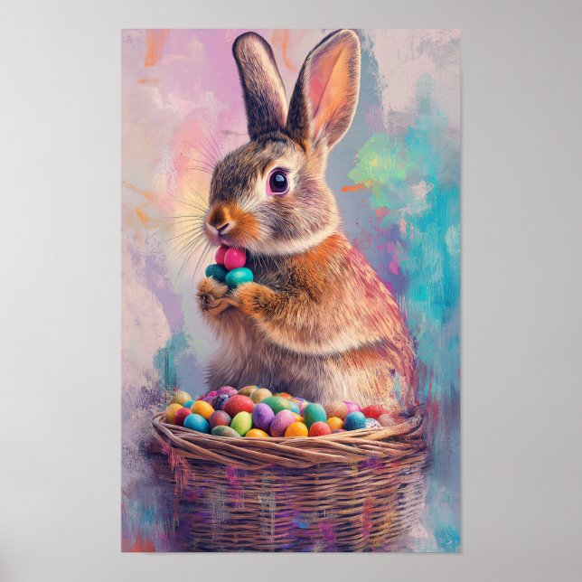 Brown rabbit eating Easter candy eggs vertical Poster (Front)
