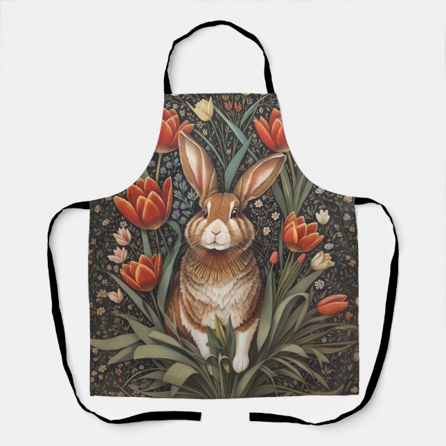 Brown Rabbit Red Tulips William Morris Inspired Apron (Front)