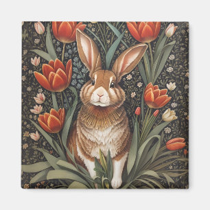 Brown Rabbit Red Tulips William Morris Inspired Magnet
