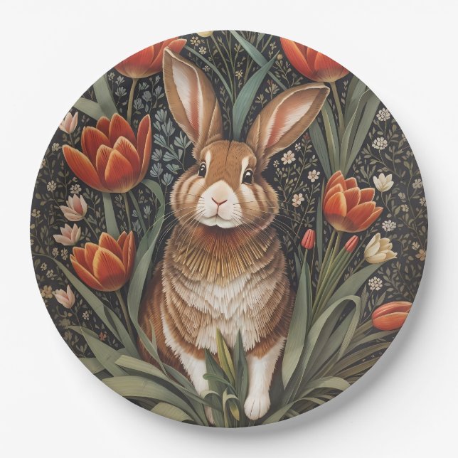 Brown Rabbit Red Tulips William Morris Inspired Paper Plate (Front)