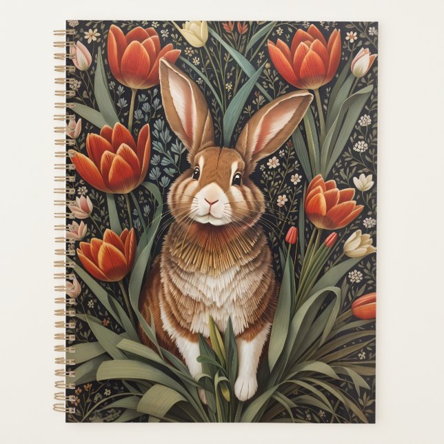 Brown Rabbit Red Tulips William Morris Inspired Planner (Front)