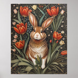 Brown Rabbit Red Tulips William Morris Inspired Poster