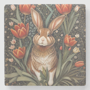 Brown Rabbit Red Tulips William Morris Inspired Stone Coaster