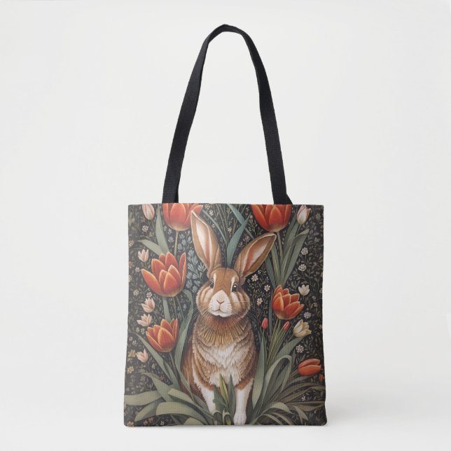 Brown Rabbit Red Tulips William Morris Inspired Tote Bag (Front)