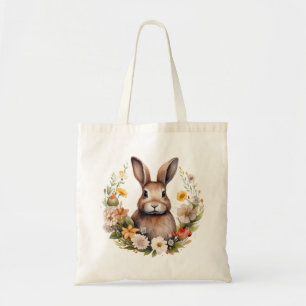 Brown Rabbit with Spring Flowers Tote Bag