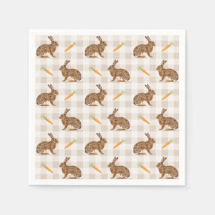 Brown Rabbits And Carrots Rustic Beige Gingham Napkin