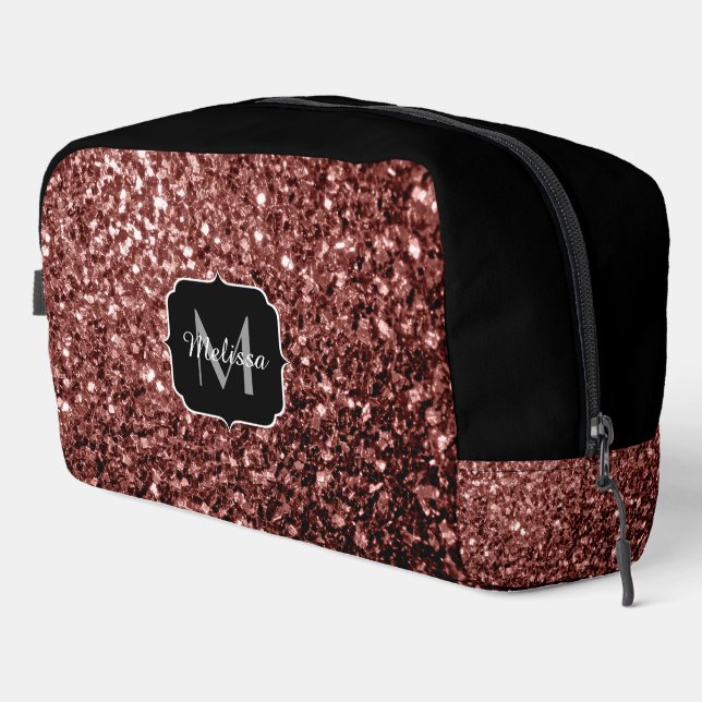Brown red faux glitter sparkles black Monogram Dopp Kit (Right Corner)