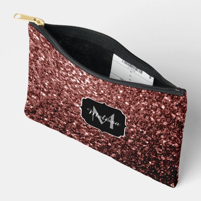 Brown red faux glitter sparkles Monogram Accessory Pouch (Open)