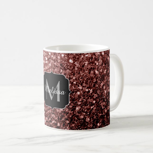 Brown Red faux Glitter sparkles Monogram Coffee Mug (Front Right)