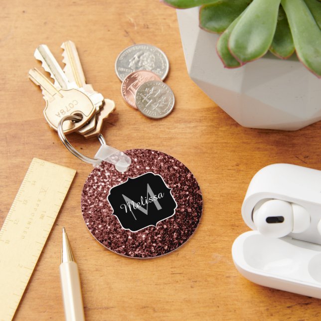 Brown Red faux Glitter sparkles Monogram Key Ring (Desk)
