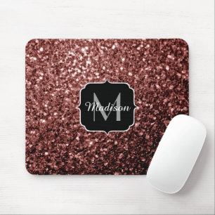 Brown Red faux Glitter sparkles Monogram Mouse Pad