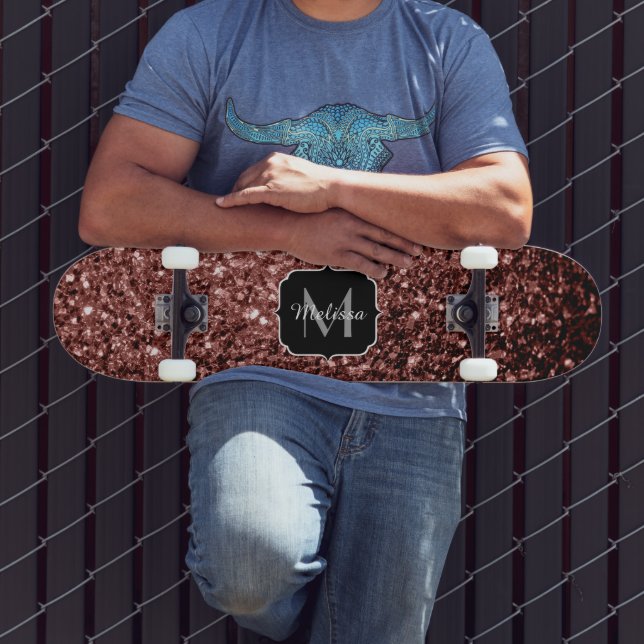 Brown Red faux Glitter sparkles Monogram Skateboard (Outdoor 3)