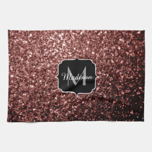 Brown Red faux Glitter sparkles Monogram Tea Towel