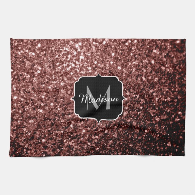 Brown Red faux Glitter sparkles Monogram Tea Towel (Horizontal)