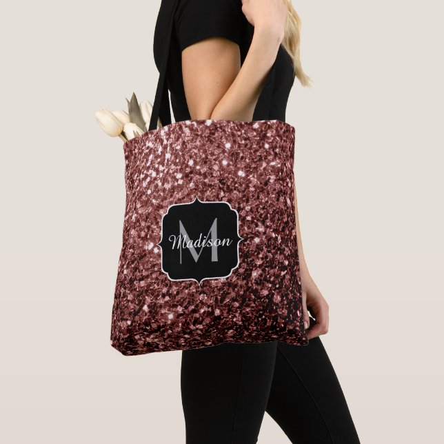 Brown Red faux Glitter sparkles Monogram Tote Bag (Close Up)