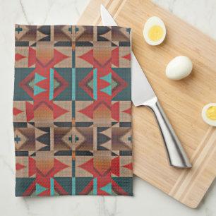 Brown Red Orange Teal Blue Tribal Art Pattern Tea Towel