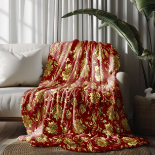 Brown-red & Shiny Gold Damask Pattern Fleece Blanket