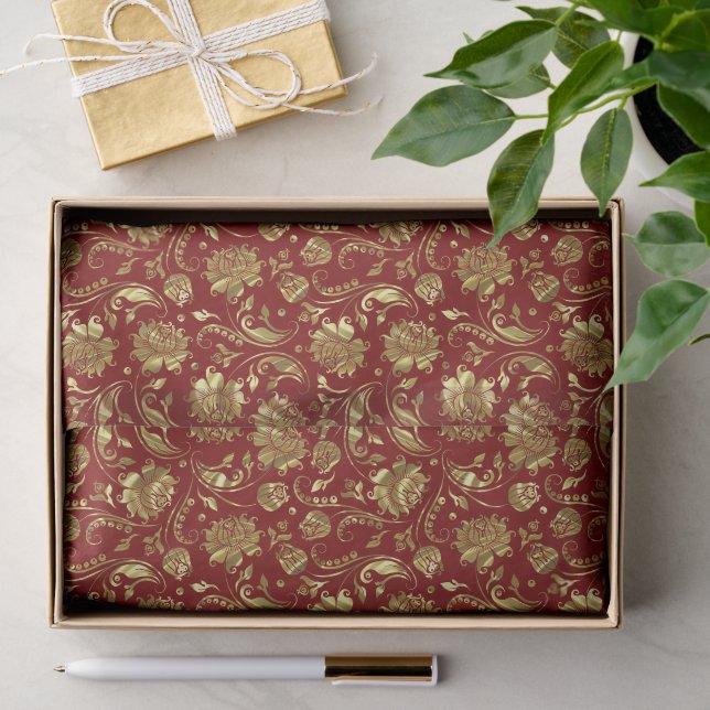 Brown-red & Shiny Gold Damask Pattern Tissue Paper (Gift)