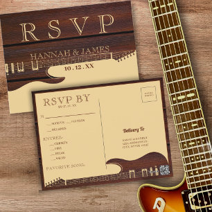 Brown & Red Wood Guitar Wedding RSVP Postcard