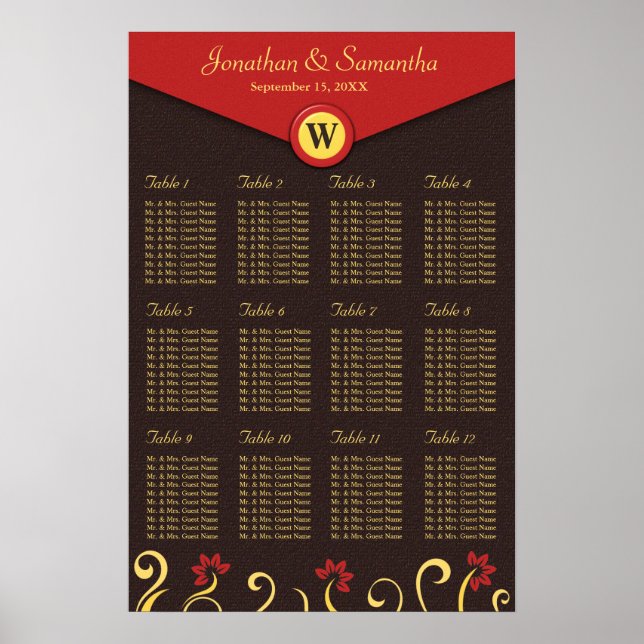Brown Red Yellow Swirls Table Seating Chart 12 (Front)