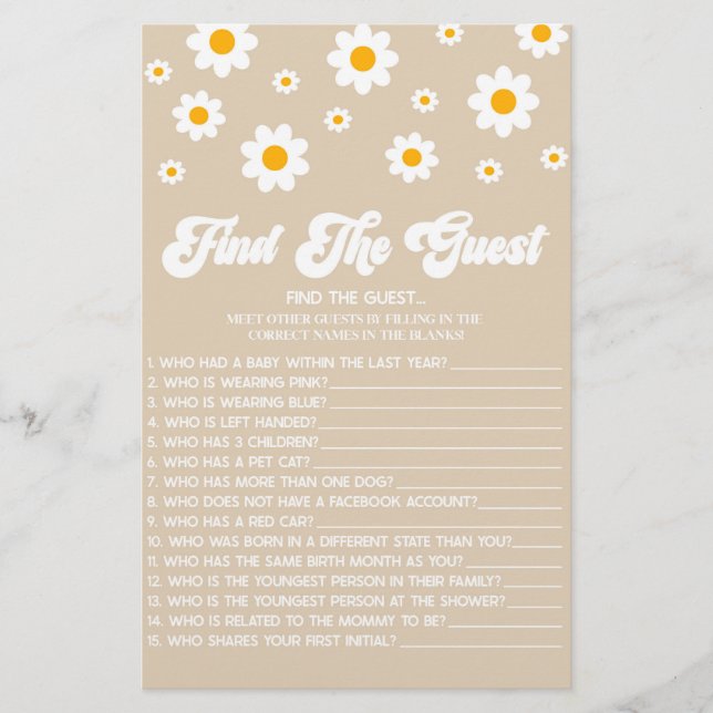 Brown Retro Daisy Find The Guest Baby Shower Game Stationery (Front)