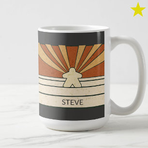 Brown Retro Meeple Stripes Sunburst Custom Name Coffee Mug