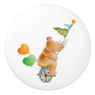 Brown rhino whimsy watercolor circus doorknob ceramic knob