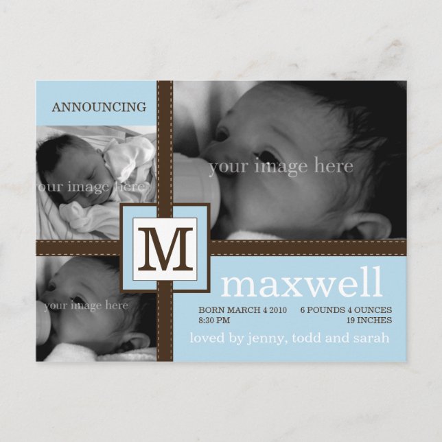 Brown Ribbon Baby Announcement Postcard (Front)