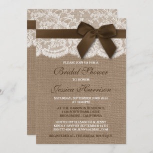 Brown Ribbon On Burlap & Lace Bridal Shower Invitation