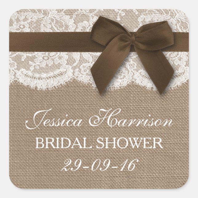 Brown Ribbon On Burlap & Lace Bridal Shower Square Sticker (Front)