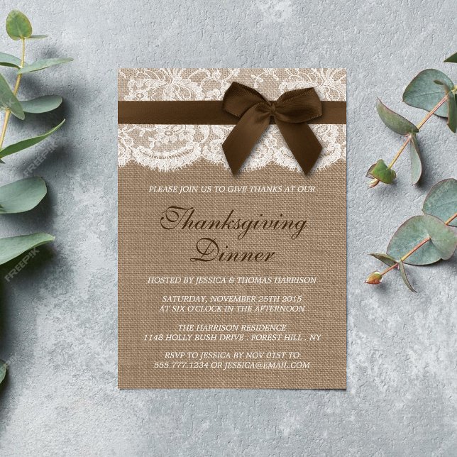 Brown Ribbon On Burlap & Lace Thanksgiving Dinner Invitation (Creator Uploaded)