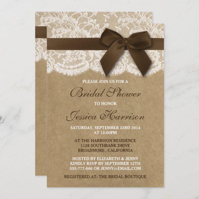 Brown Ribbon On Kraft & Lace Bridal Shower Invitation (Front/Back)