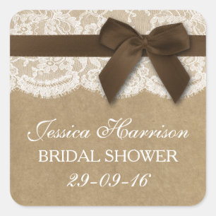 Brown Ribbon On Kraft & Lace Bridal Shower Square Sticker