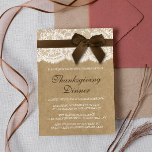 Brown Ribbon On Kraft & Lace Thanksgiving Dinner Invitation